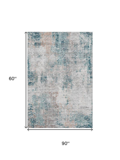 8' X 10' Teal Beige And Copper Abstract Washable Area Rug With UV Protection
