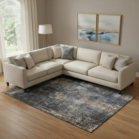 8' X 10' Charcoal Blue And Beige Abstract Washable Area Rug With UV Protection