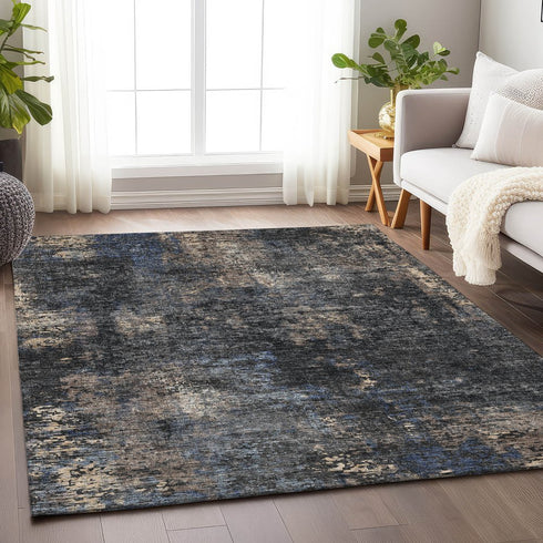 8' X 10' Charcoal Blue And Beige Abstract Washable Area Rug With UV Protection