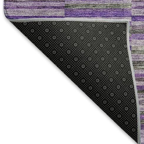 8' Purple And Gray Striped Washable Round Rug With UV Protection