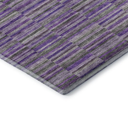 8' Purple And Gray Striped Washable Round Rug With UV Protection