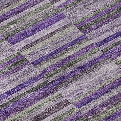 8' Purple And Gray Striped Washable Round Rug With UV Protection