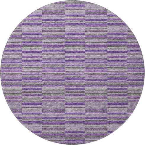 8' Purple And Gray Striped Washable Round Rug With UV Protection