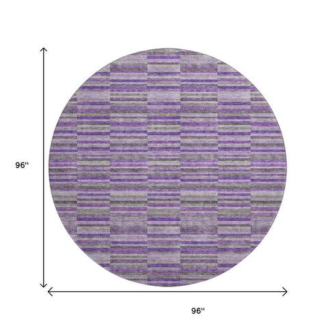 8' Purple And Gray Striped Washable Round Rug With UV Protection