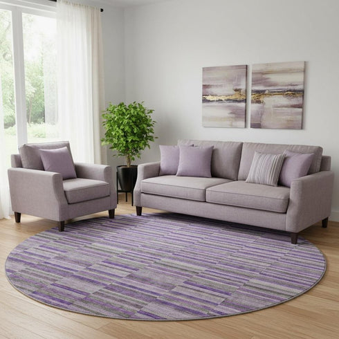 8' Purple And Gray Striped Washable Round Rug With UV Protection