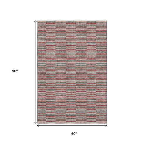 5' X 8' Red Beige And Copper Striped Washable Area Rug With UV Protection