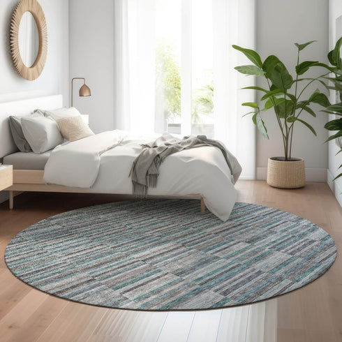 8' Teal And Gray Striped Washable Round Rug With UV Protection