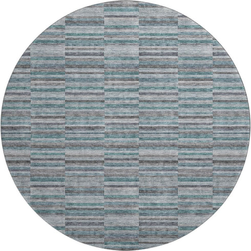 8' Teal And Gray Striped Washable Round Rug With UV Protection
