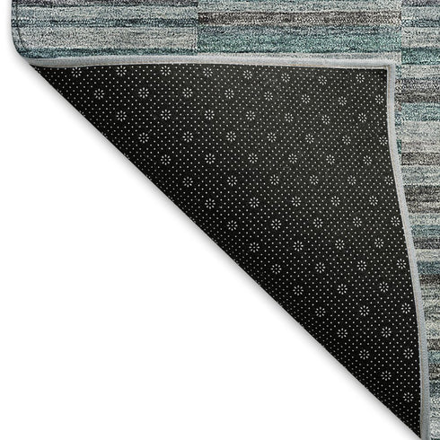 8' Teal And Gray Striped Washable Round Rug With UV Protection