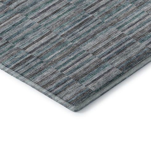 8' Teal And Gray Striped Washable Round Rug With UV Protection