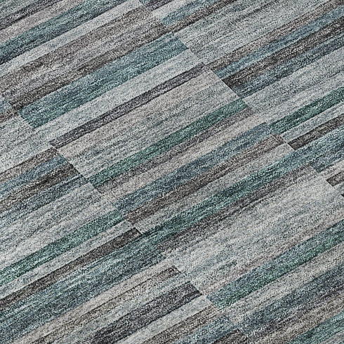 8' Teal And Gray Striped Washable Round Rug With UV Protection