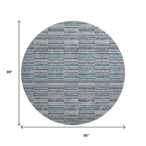 8' Teal And Gray Striped Washable Round Rug With UV Protection