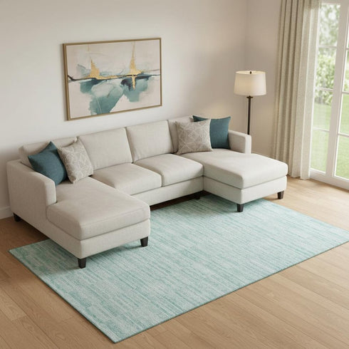 8' X 10' Turquoise Gray And Ivory Striped Washable Area Rug With UV Protection