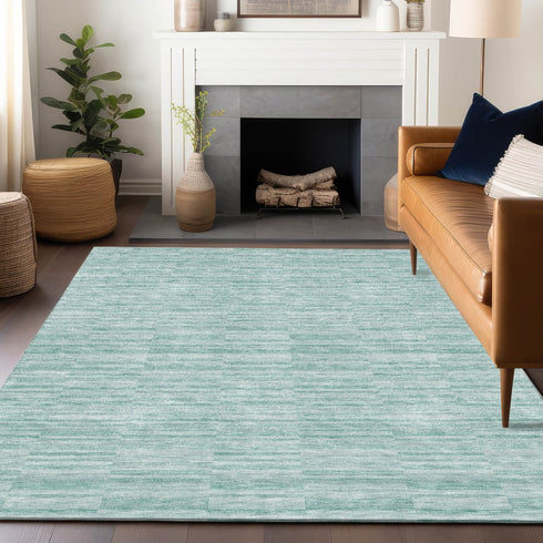 9' X 12' Turquoise Gray And Ivory Striped Washable Area Rug With UV Protection