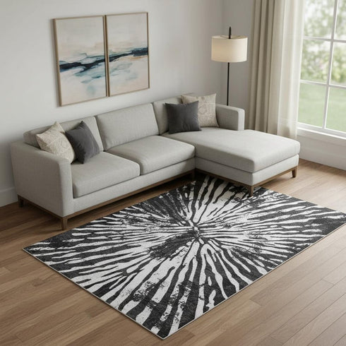 8' X 10' Black And Ivory Zebra Print Washable Area Rug With UV Protection