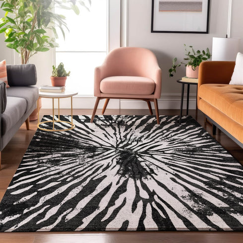 9' X 12' Black And Ivory Zebra Print Washable Area Rug With UV Protection
