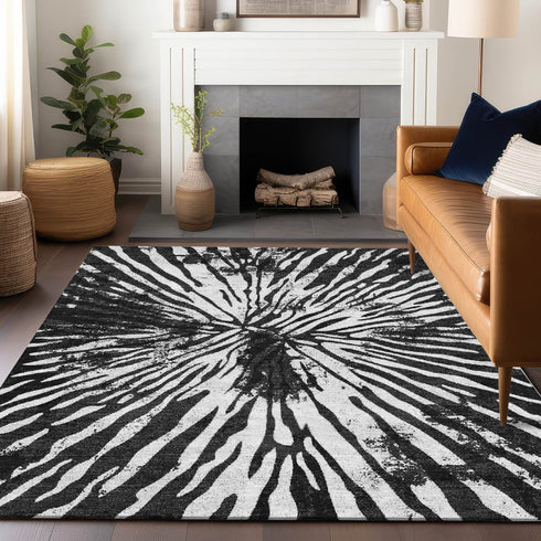 9' X 12' Black And Ivory Zebra Print Washable Area Rug With UV Protection