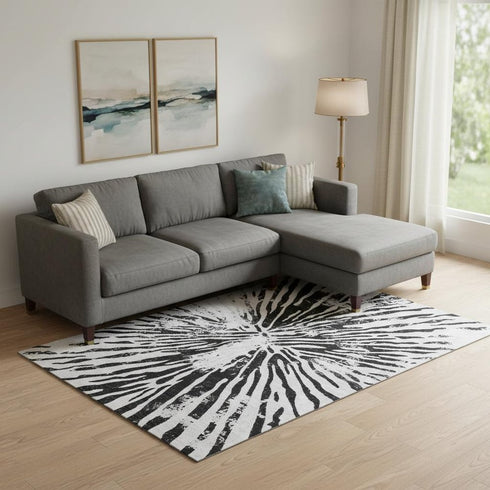 9' X 12' Ivory And Black Zebra Print Washable Area Rug With UV Protection