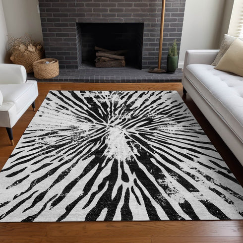9' X 12' Ivory And Black Zebra Print Washable Area Rug With UV Protection
