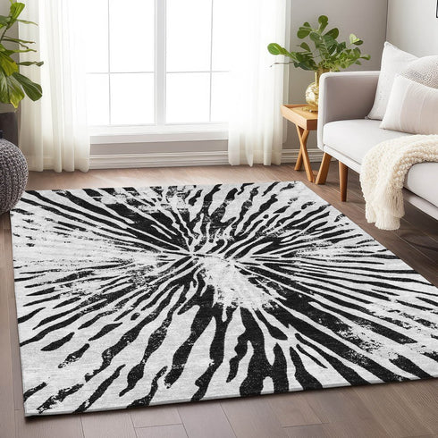 9' X 12' Ivory And Black Zebra Print Washable Area Rug With UV Protection