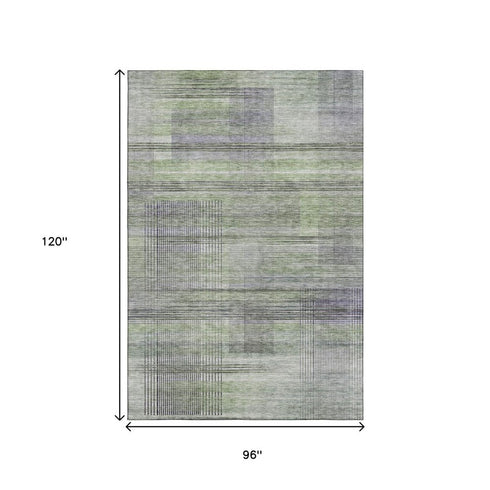 8' X 10' Artichoke Green And Gray Striped Washable Area Rug With UV Protection