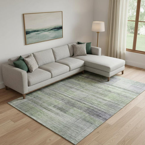 8' X 10' Artichoke Green And Gray Striped Washable Area Rug With UV Protection