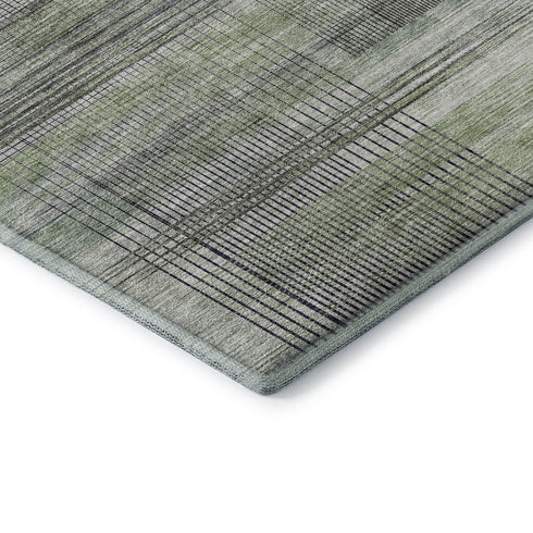 8' X 10' Artichoke Green And Gray Striped Washable Area Rug With UV Protection