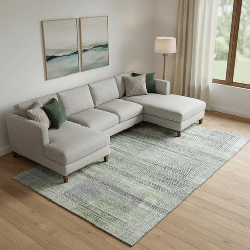 8' X 10' Artichoke Green And Gray Striped Washable Area Rug With UV Protection