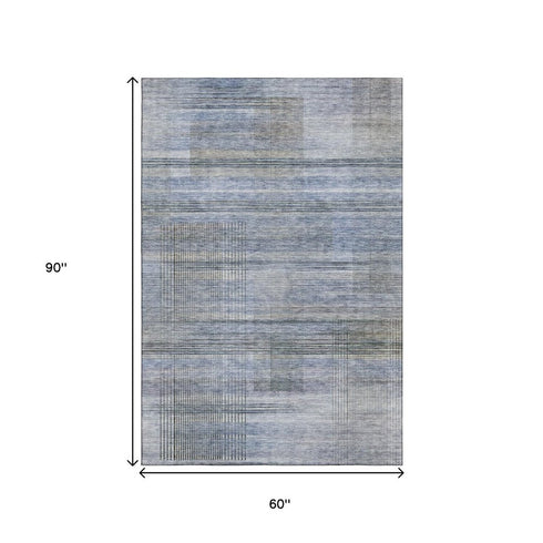 5' X 8' Blue And Gray Striped Washable Area Rug With UV Protection