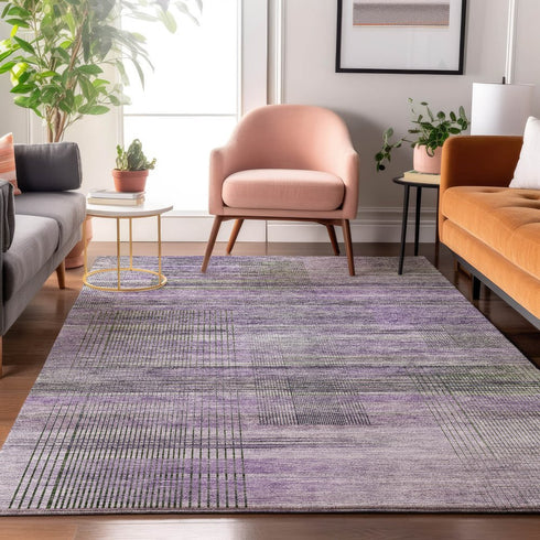 9' X 12' Purple And Gray Striped Washable Area Rug With UV Protection