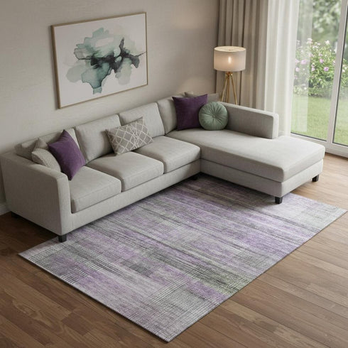 9' X 12' Purple And Gray Striped Washable Area Rug With UV Protection