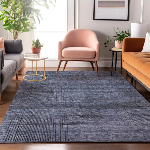 9' X 12' Navy Blue And Gray Striped Washable Area Rug With UV Protection
