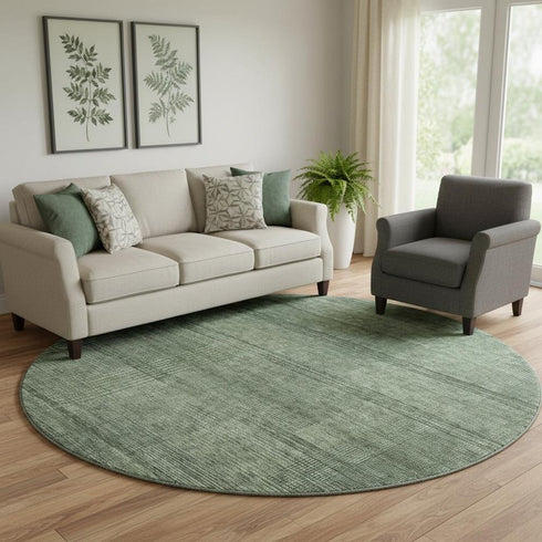 8' Olive Green And Gray Striped Washable Round Rug With UV Protection