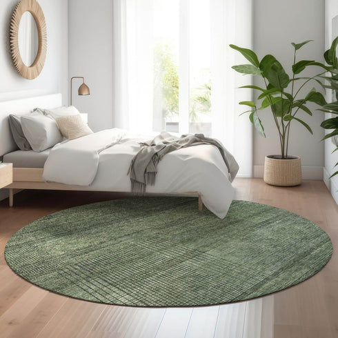 8' Olive Green And Gray Striped Washable Round Rug With UV Protection