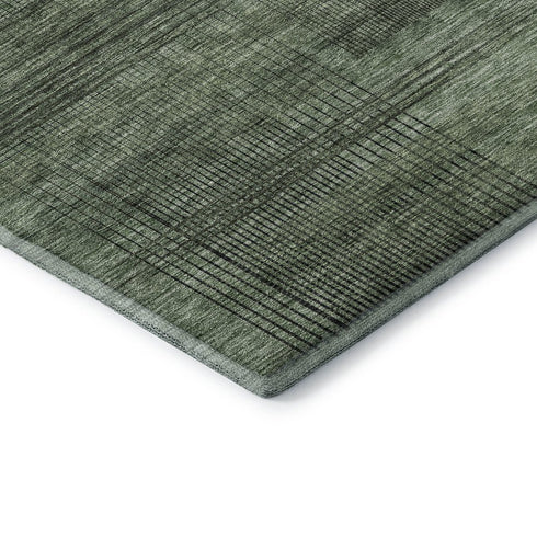 8' Olive Green And Gray Striped Washable Round Rug With UV Protection