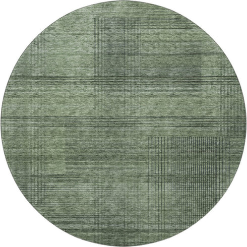 8' Olive Green And Gray Striped Washable Round Rug With UV Protection