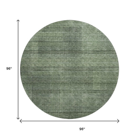 8' Olive Green And Gray Striped Washable Round Rug With UV Protection
