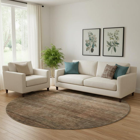 8' Rust And Gray Striped Washable Round Rug With UV Protection