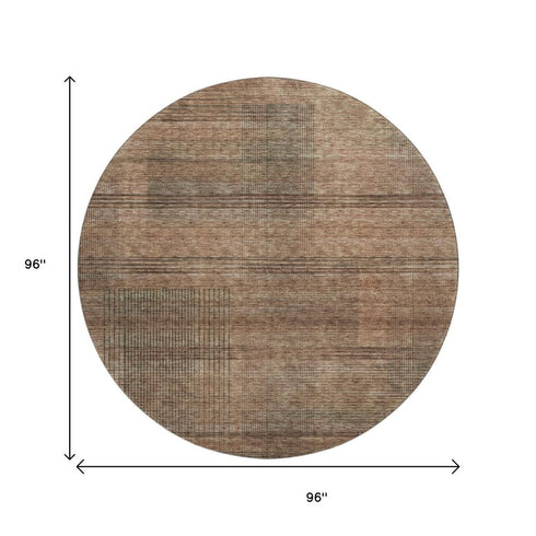 8' Rust And Gray Striped Washable Round Rug With UV Protection
