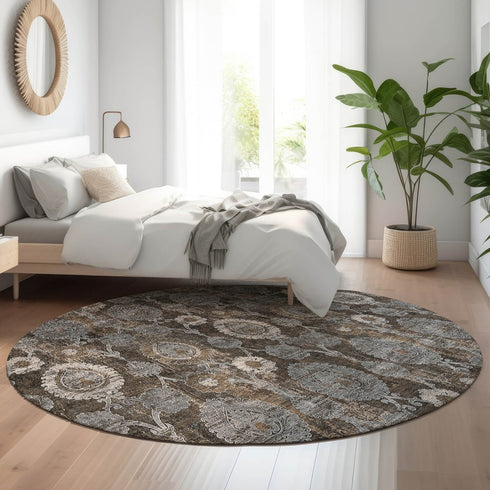 8' Chocolate Beige And Gray Damask Washable Round Rug With UV Protection