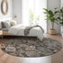 8' Chocolate Beige And Gray Damask Washable Round Rug With UV Protection