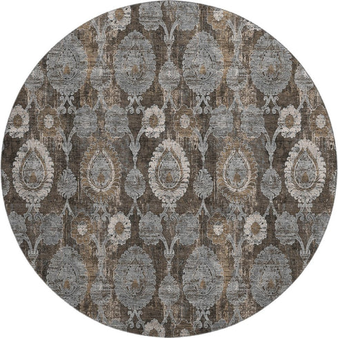 8' Chocolate Beige And Gray Damask Washable Round Rug With UV Protection