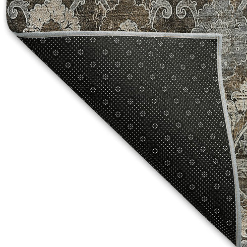 8' Chocolate Beige And Gray Damask Washable Round Rug With UV Protection