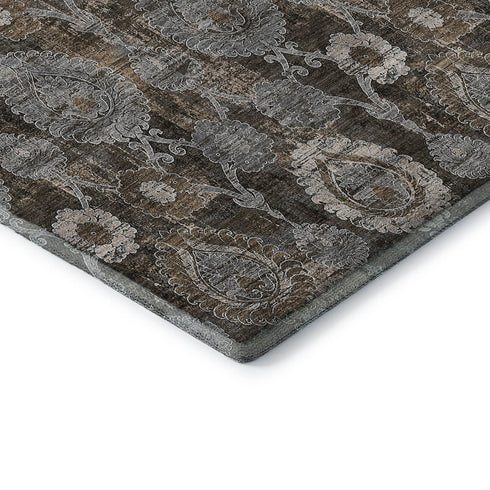 8' Chocolate Beige And Gray Damask Washable Round Rug With UV Protection
