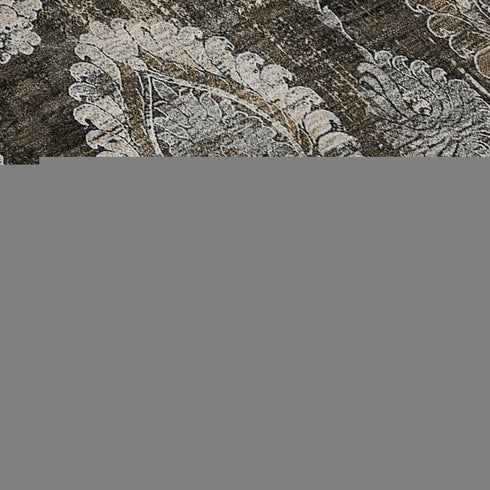 8' Chocolate Beige And Gray Damask Washable Round Rug With UV Protection