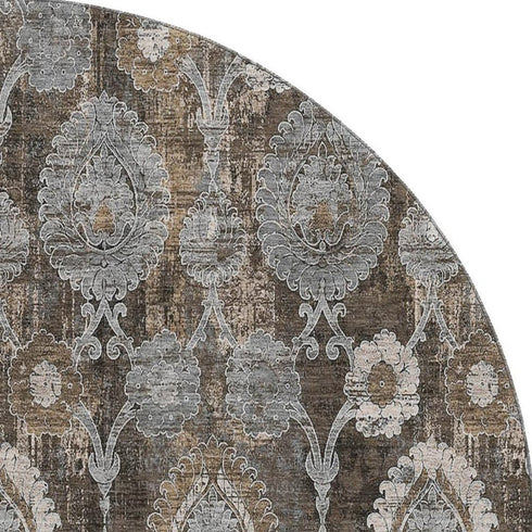 8' Chocolate Beige And Gray Damask Washable Round Rug With UV Protection