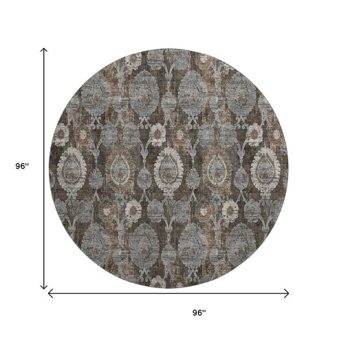 8' Chocolate Beige And Gray Damask Washable Round Rug With UV Protection