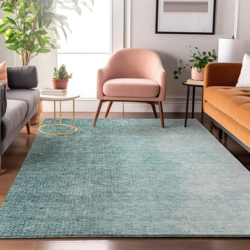 8' X 10' Teal And Ivory Ombre Washable Area Rug With UV Protection