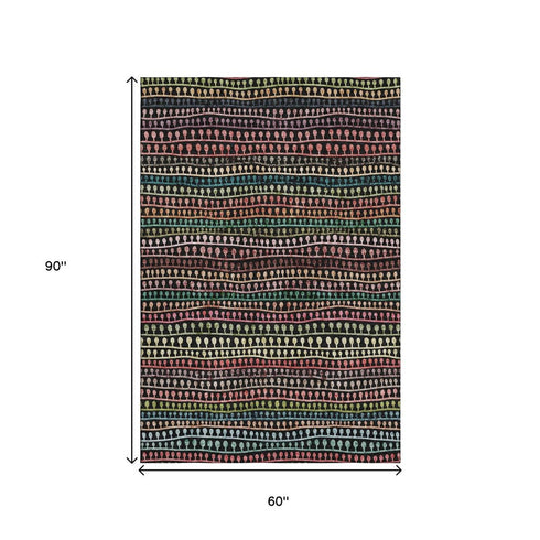 5' X 8' Black Green And Red Striped Washable Area Rug With UV Protection