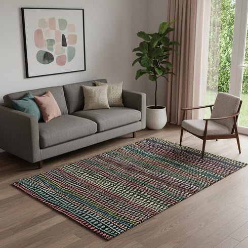 5' X 8' Black Green And Red Striped Washable Area Rug With UV Protection